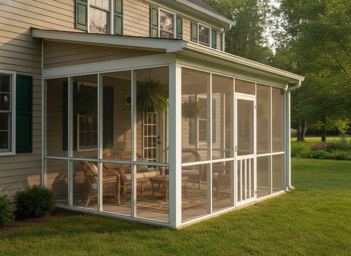 A screened-in porch enclosed only by fine insect-mesh screens in white frames — open air, no glass