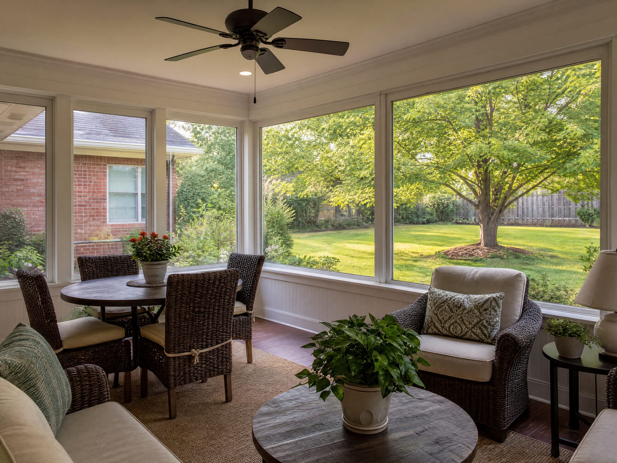 An insulated four-season sunroom with a ceiling fan, finished to match the house, in warm daylight