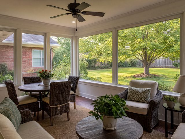 An insulated four-season sunroom with a ceiling fan, finished to match the house, in warm daylight