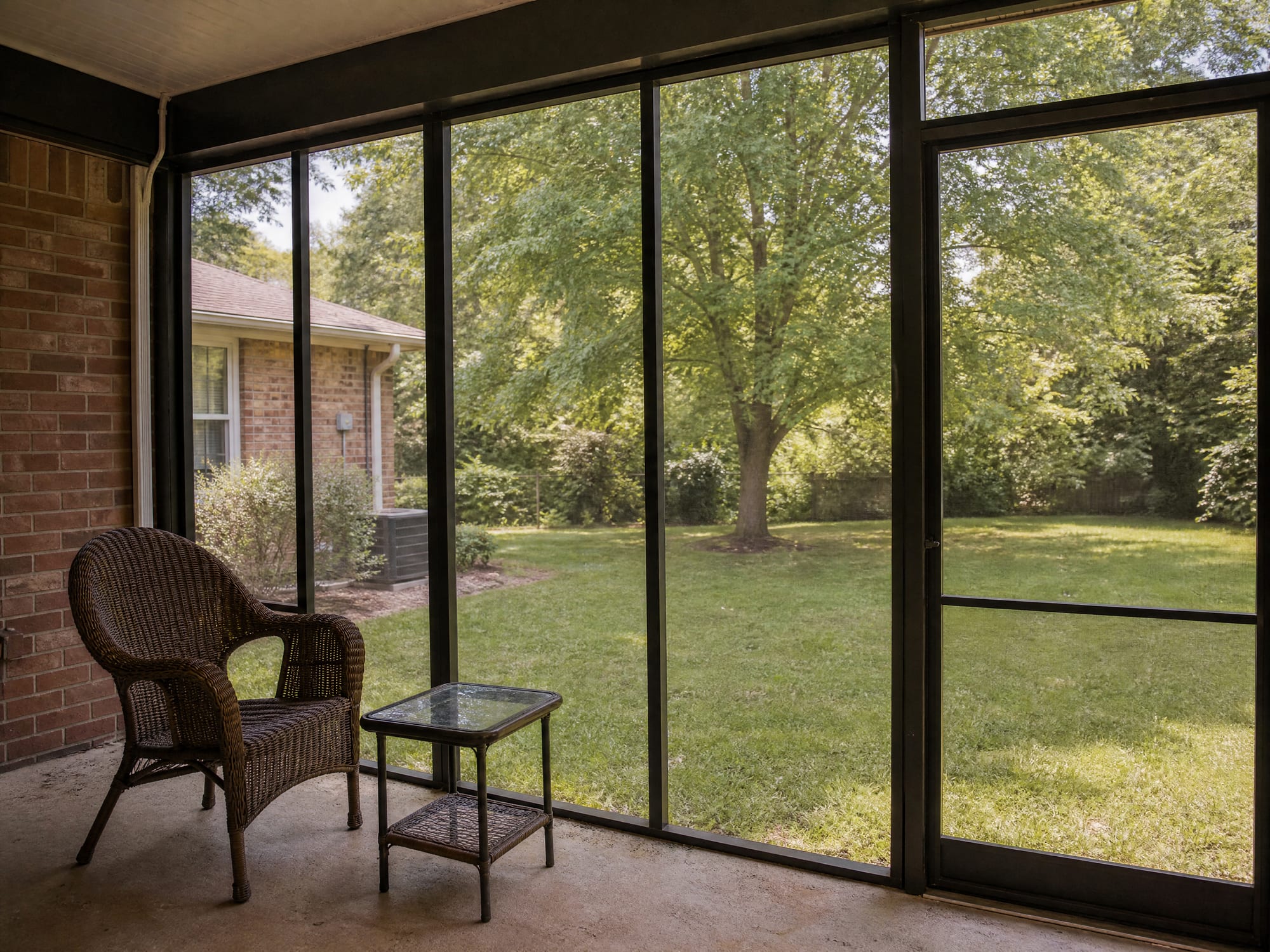 A screened porch with mesh panels and a solid roof, wicker chair inside, NC backyard beyond