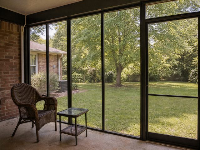 A screened porch with mesh panels and a solid roof, wicker chair inside, NC backyard beyond