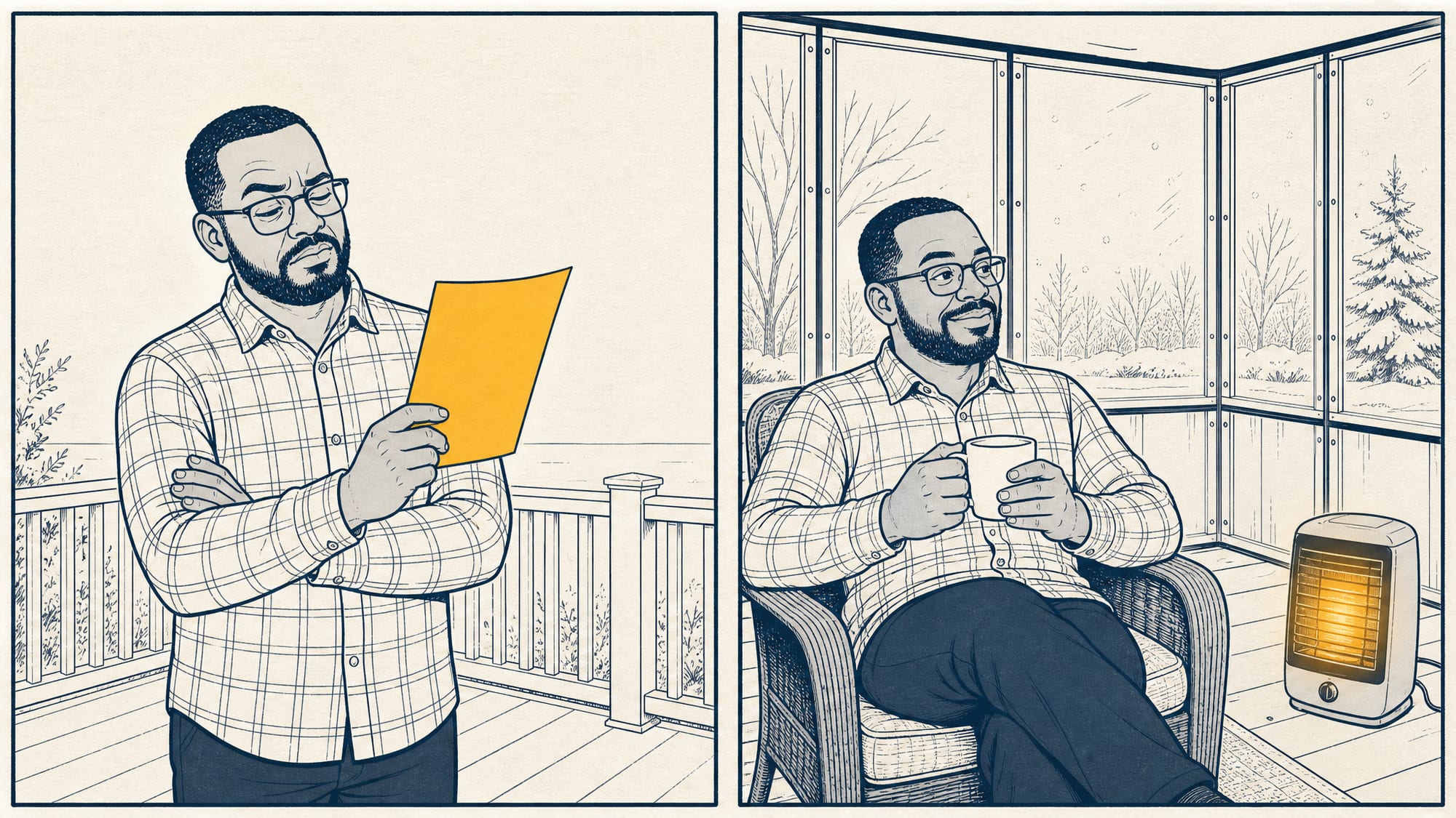 Two-panel editorial cartoon of the same NC homeowner: in the first panel he stands with arms crossed, squinting skeptically at a printed estimate for a vinyl-panel enclosure; in the second panel, months later, he sits content in that same enclosed porch on a snowy winter day, a mug in hand and a small space heater glowing beside him.