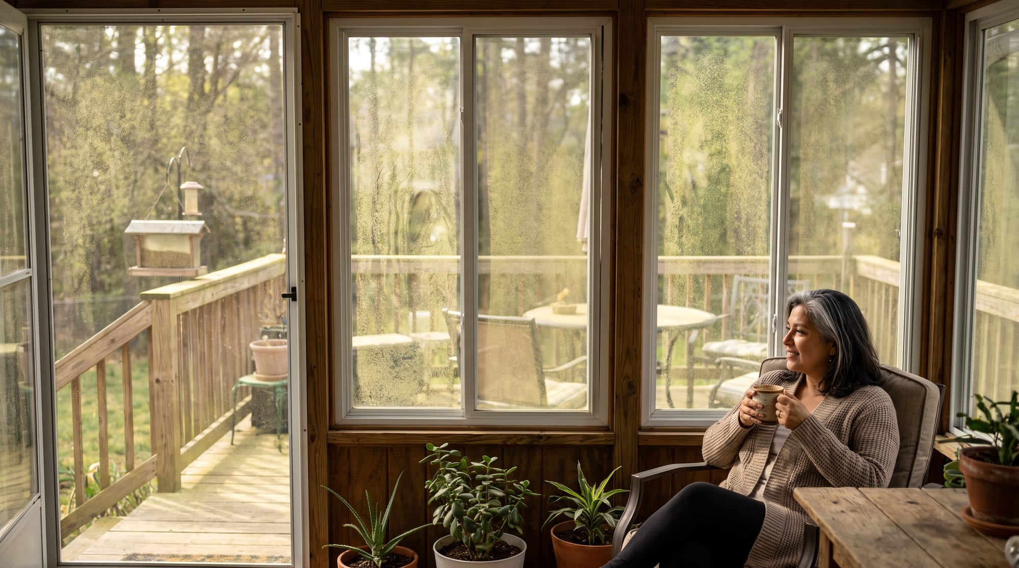 Inside an enclosed porch on an NC spring morning: clean air, a mug of coffee, vinyl panels cracked half-open for the breeze — while just outside the panels the railings, steps, and yard are hazed the unmistakable Carolina pollen yellow-green.