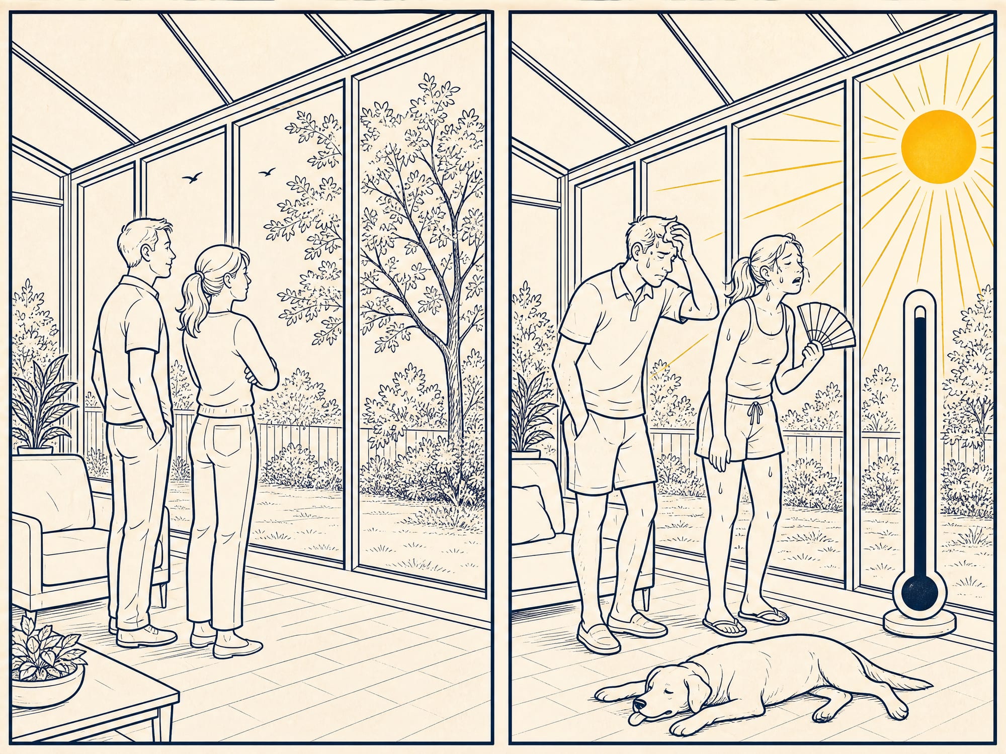 Two-panel House Comic: left panel, a couple beams in a bright new glass sunroom in spring with birds outside; right panel, the same room in July, sun blazing through the glass, the couple wilting with a fan and a thermometer reading past 95 while the dog lies flat on the floor.