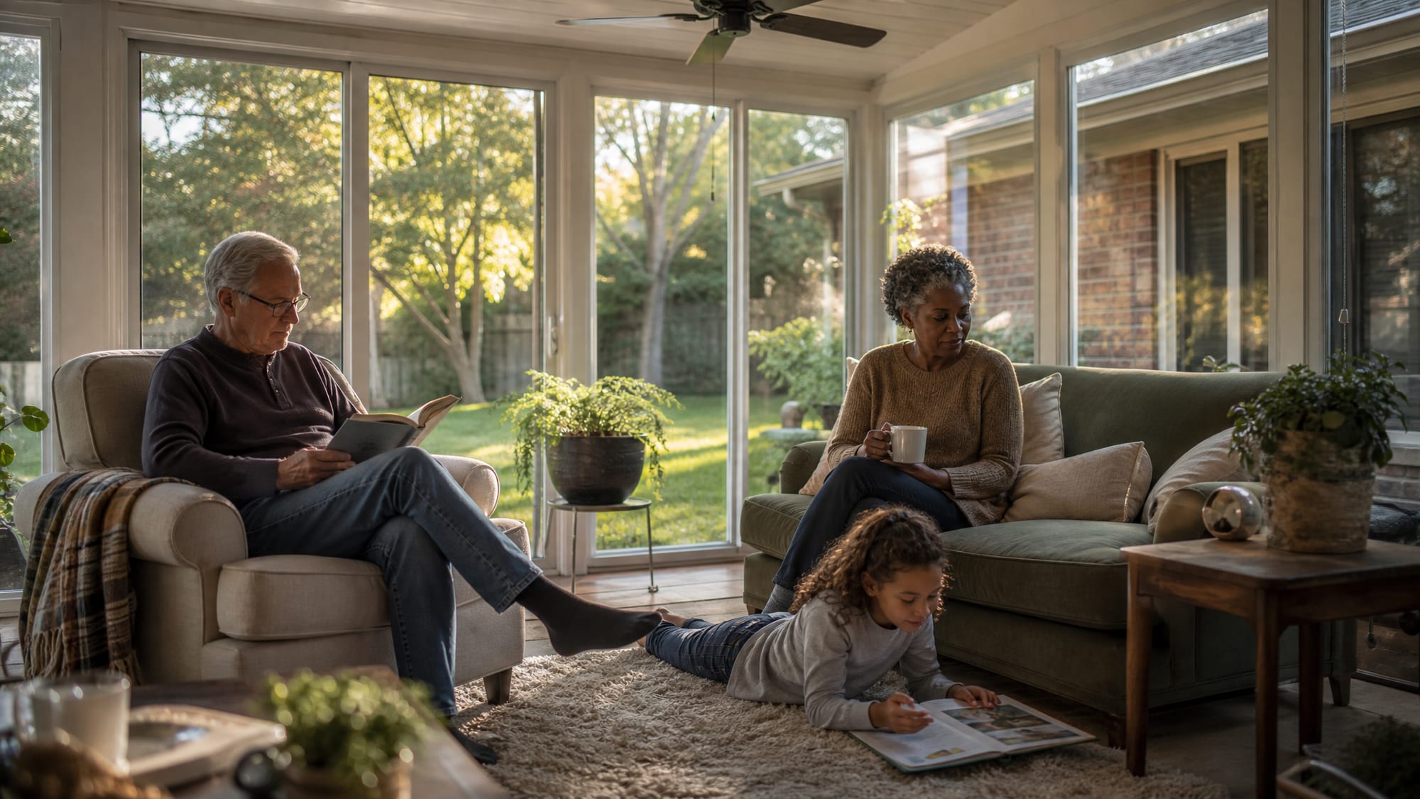 A bright four-season sunroom off the back of an NC brick ranch in warm afternoon daylight — a family reading and drinking tea, ceiling fan turning, green backyard framed through the glass on three sides, the room genuinely comfortable rather than staged