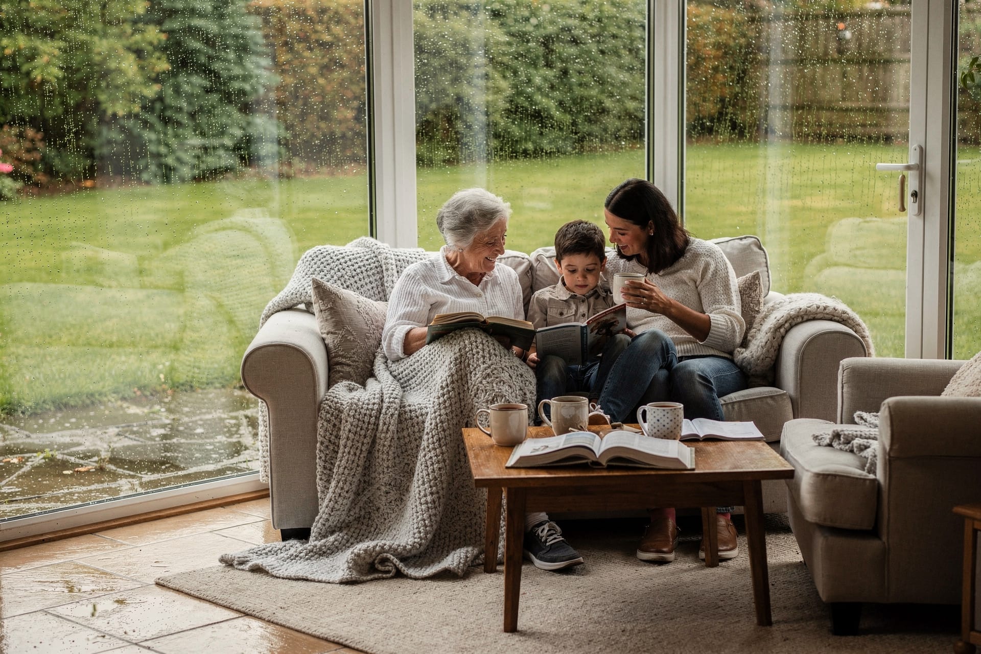 A multi-generational family — grandparent, parent, and child — relax together with books and tea in a glowing glass sunroom while grey drizzle falls outside the glass walls.