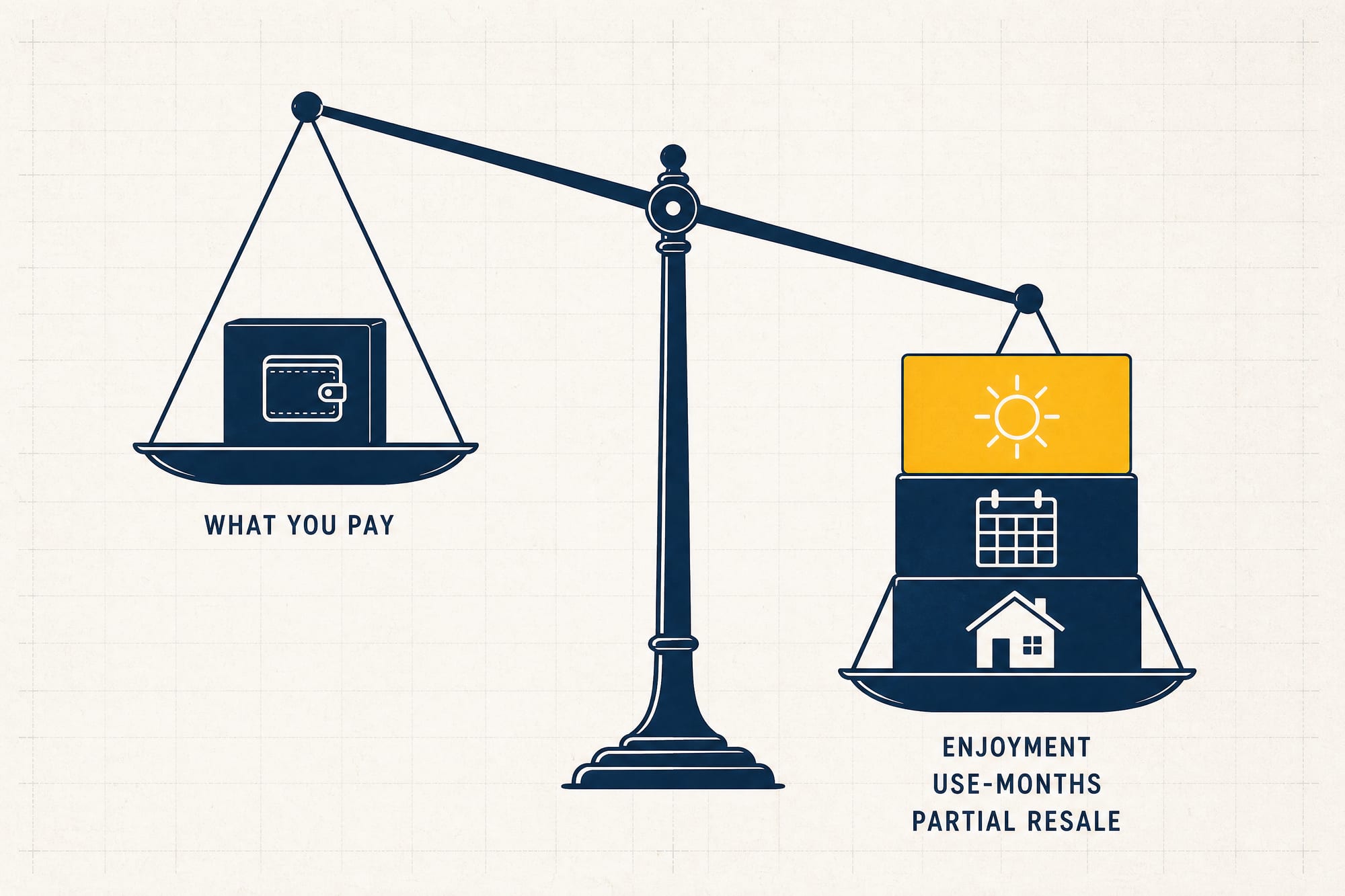A balance-scale diagram: on the left pan a block labeled 'What you pay'; on the right pan a large block labeled 'Enjoyment + use-months' and a smaller block labeled 'Partial resale recovery' together balancing it at a dashed 'the room you actually get' line — showing a sunroom is paid back mostly in use and only partly in resale.