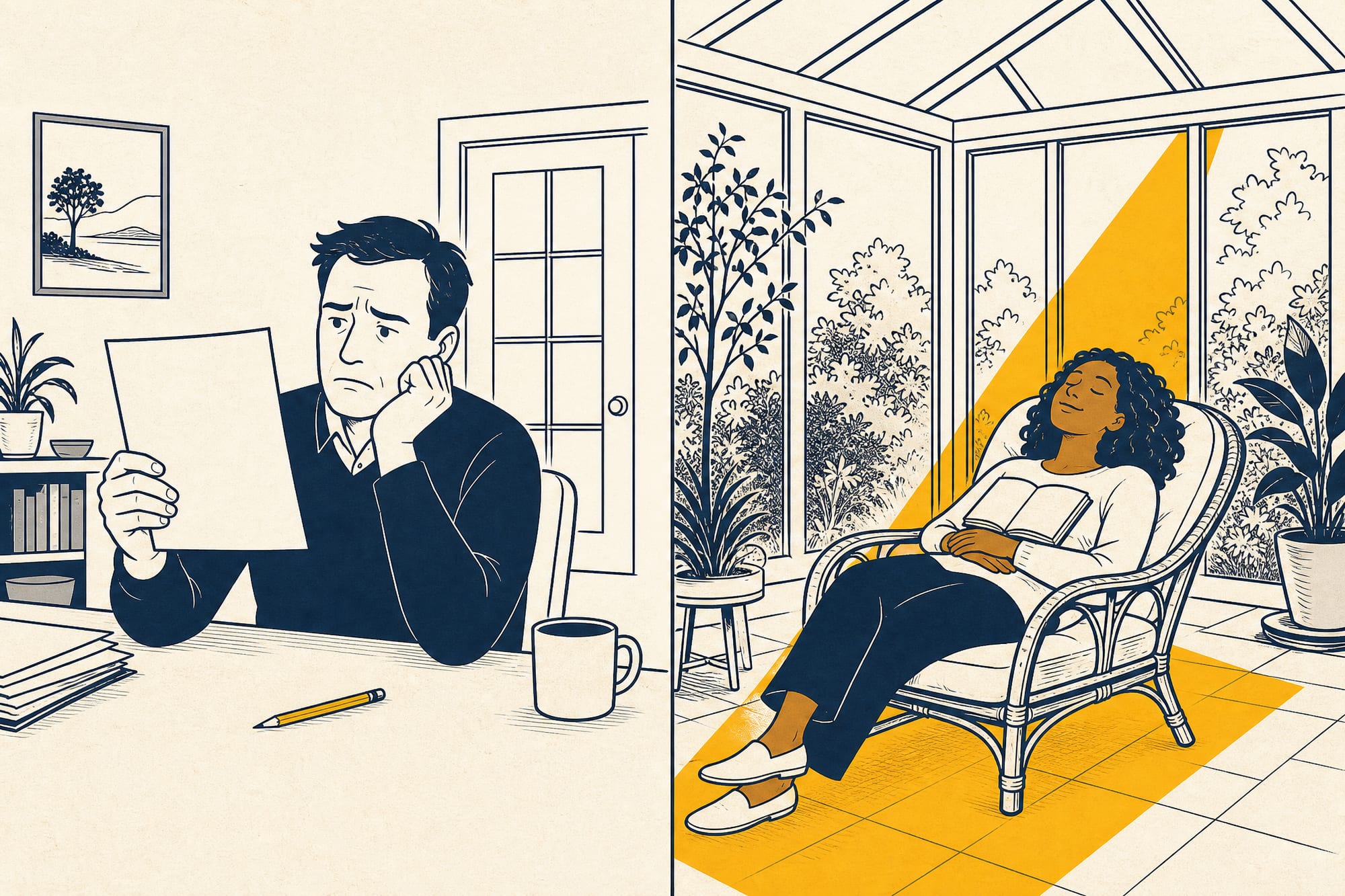 Cartoon split down the middle: on the left, a homeowner at a desk frowning at an appraisal report that reads 'recovered about half'; on the right, the same-sized sunroom where another homeowner naps blissfully in a sunbeam with a book on their chest, completely ignoring the paperwork.