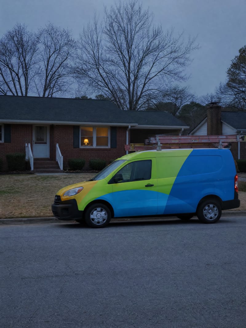 A brightly wrapped window-company sales van parked at the curb of a brick NC home at dusk, with a living-room lamp glowing through the front window; shot from across the street.