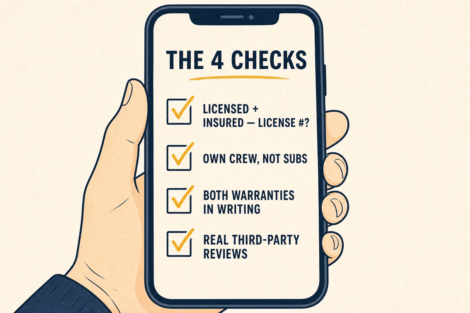 Instructional illustration: a hand holds a phone showing a checklist titled 'the 4 checks' with four ticked items — licensed and insured with license number, own crew not subs, both warranties in writing, and real third-party reviews.