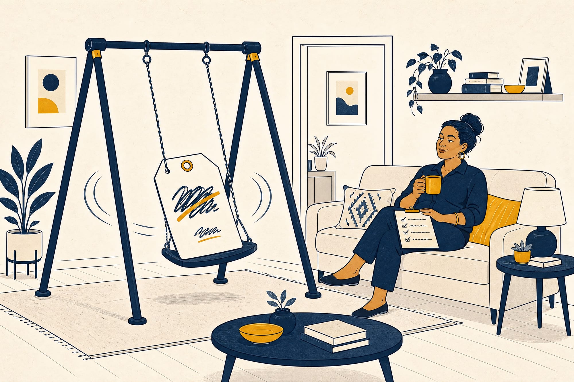 Cartoon: a homeowner sits calmly on her couch with coffee and a checklist while a giant discounted price tag swings back and forth on a playground swing set in the room.