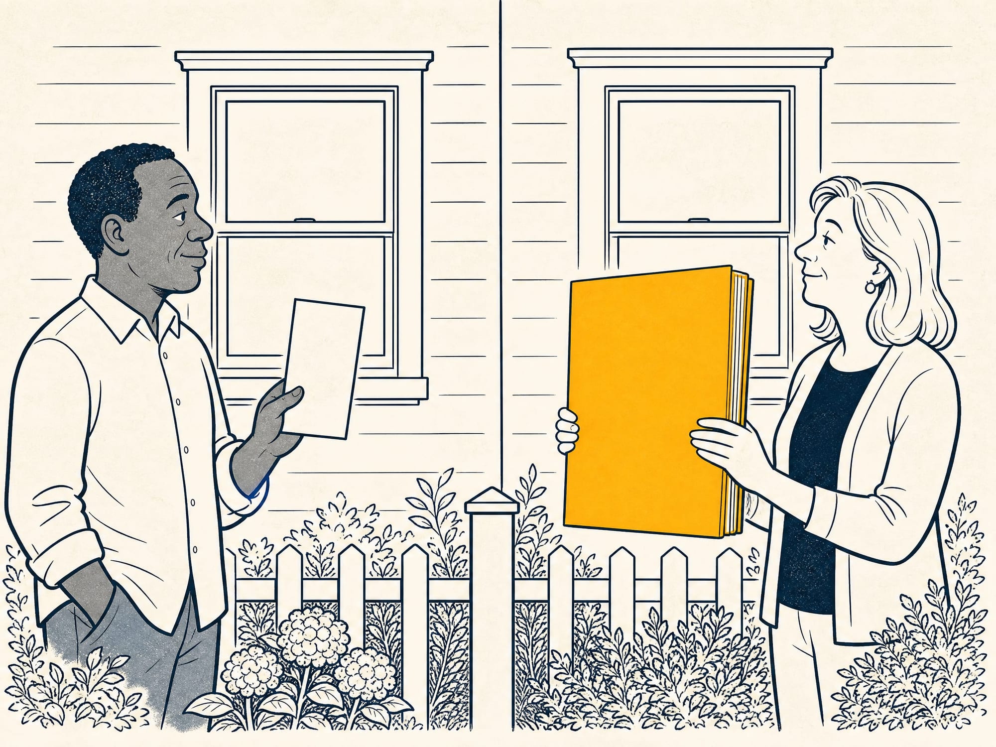 Cartoon: two neighbors compare window quotes over a fence — one holds a slim invoice, the other a thick glossy folder twice as tall — both windows behind them look identical.