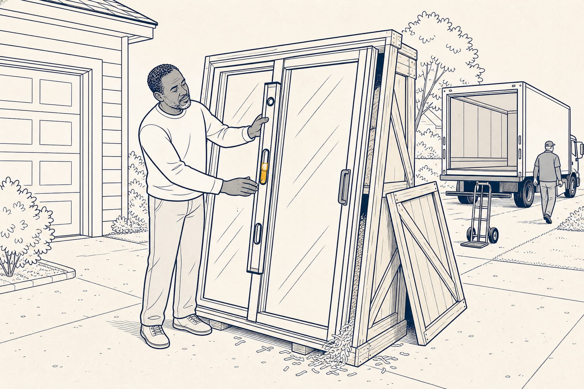 Cartoon: a homeowner holds a spirit level against a just-delivered patio door beside its open crate, and the level's bubble sits visibly off-center.