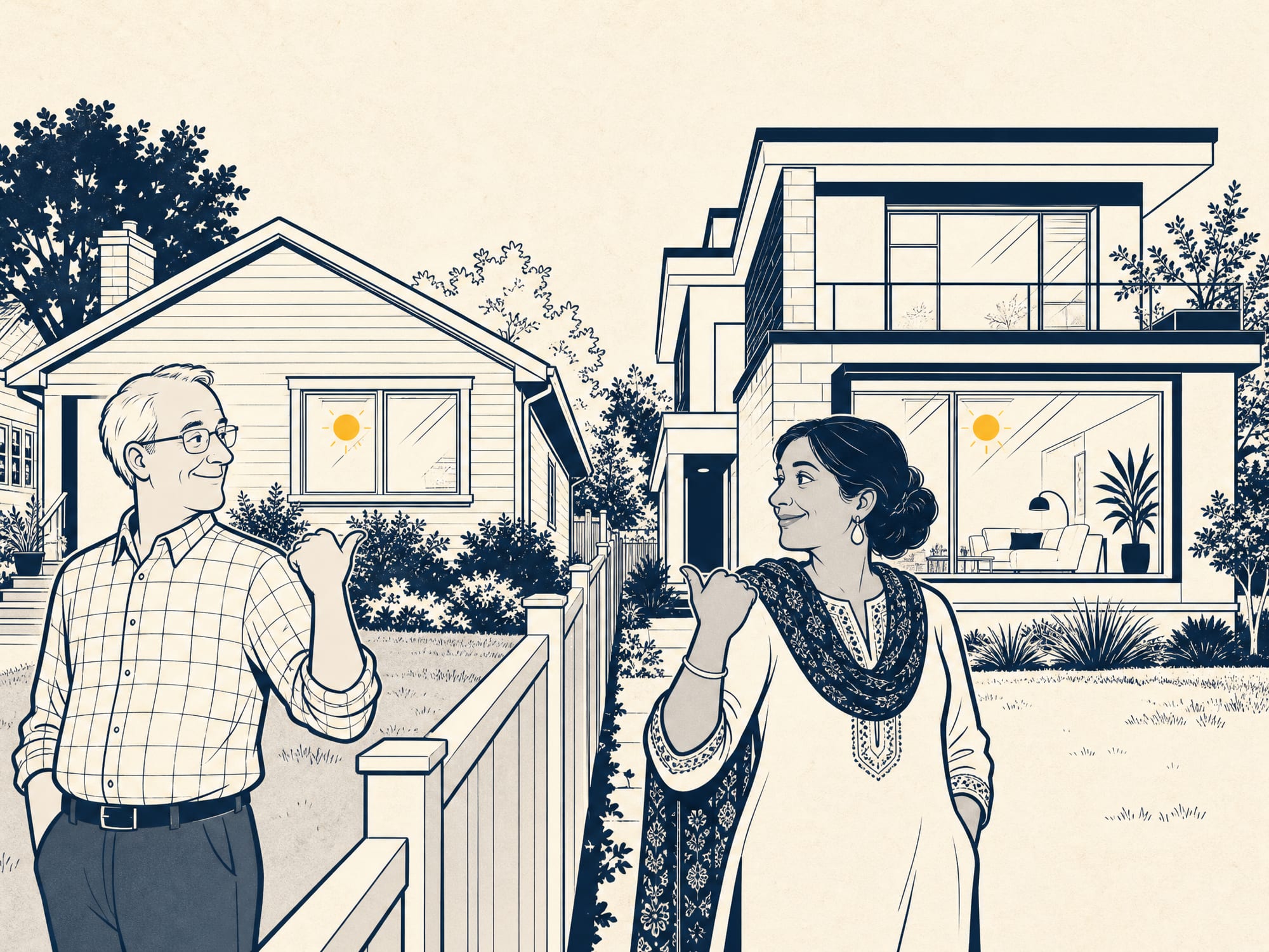 Cartoon of two neighbors over a backyard fence, each pointing proudly back at their own home's front window — one a plain practical house, the other a glossier full-service build — both clearly pleased with opposite choices; the same warm daylight fills both windows.