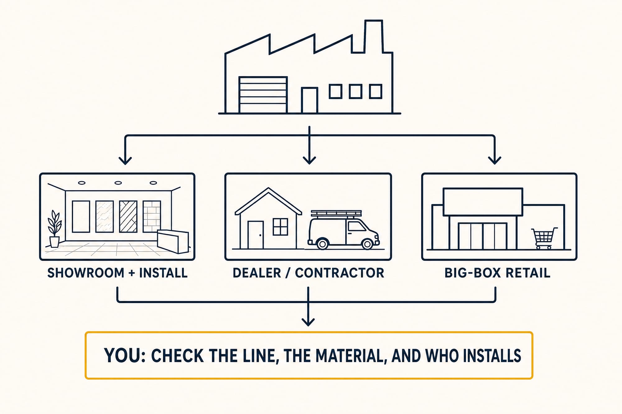 A flow diagram: one manufacturer at the top branching into three ways to buy — a branded showroom with install, an independent dealer or contractor, and big-box retail — all leading down to 'You: check the line, the material, and who installs.' No brand logos anywhere.