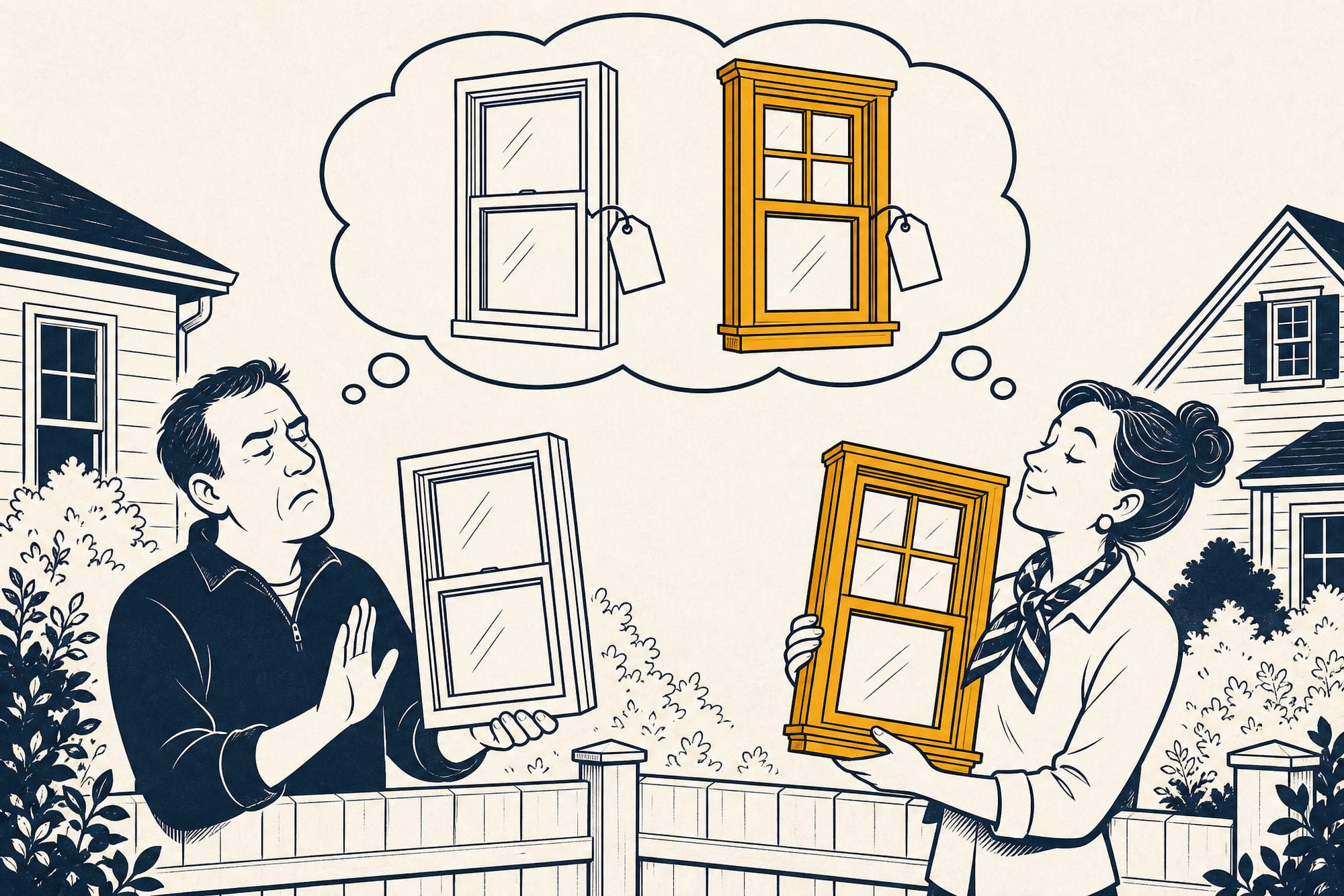 Cartoon: two homeowners argue across a fence, one holding a plain budget vinyl window and shouting it's junk, the other cradling a handsome wood window insisting it's the best — a thought bubble above shows the two very different windows wearing the same blank name tag.