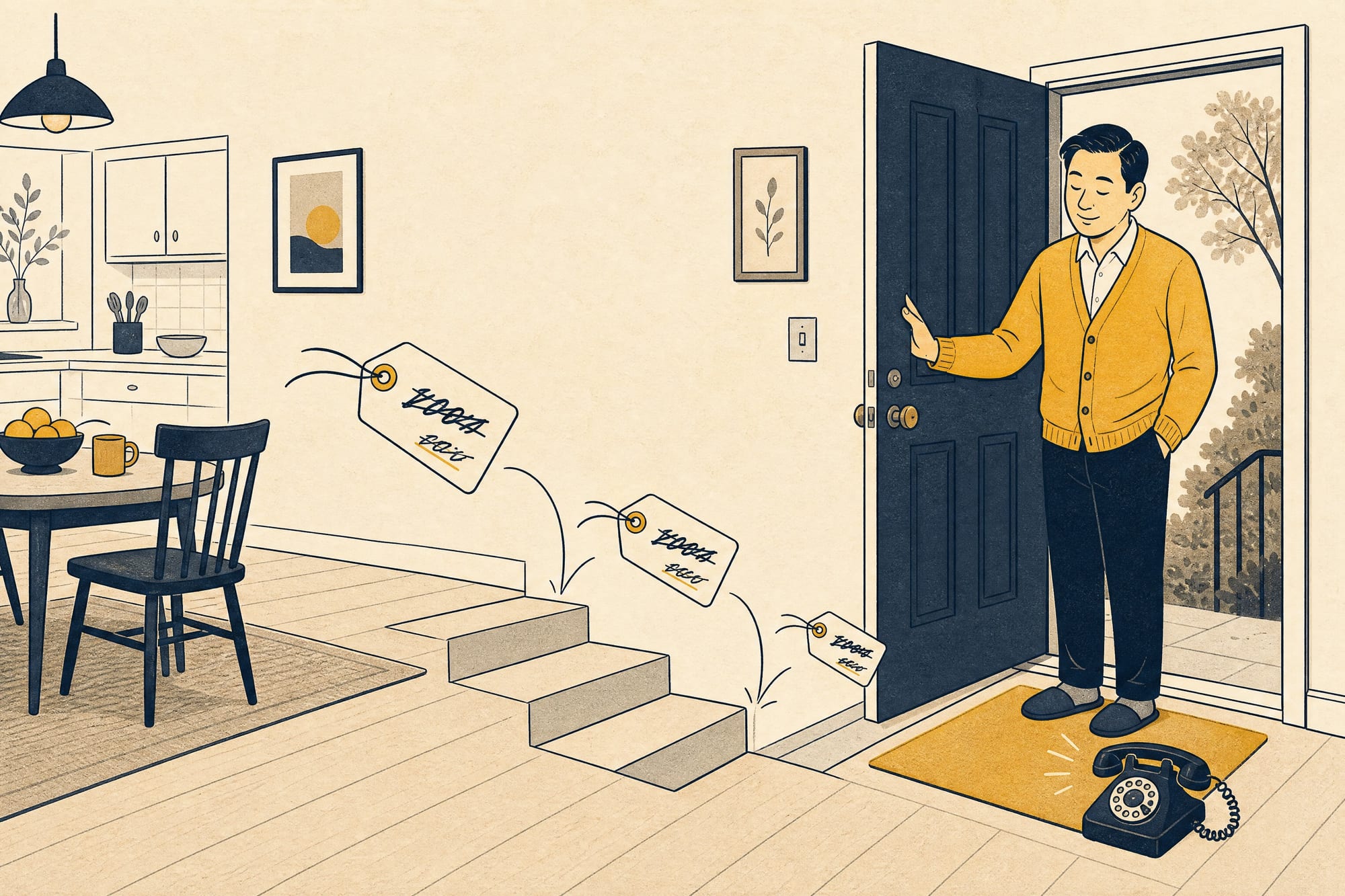 Cartoon: a homeowner calmly holds his front door open as a series of price tags with crossed-out scribbled numbers tumbles down the stairs toward the door, an old rotary phone ringing on the doormat.