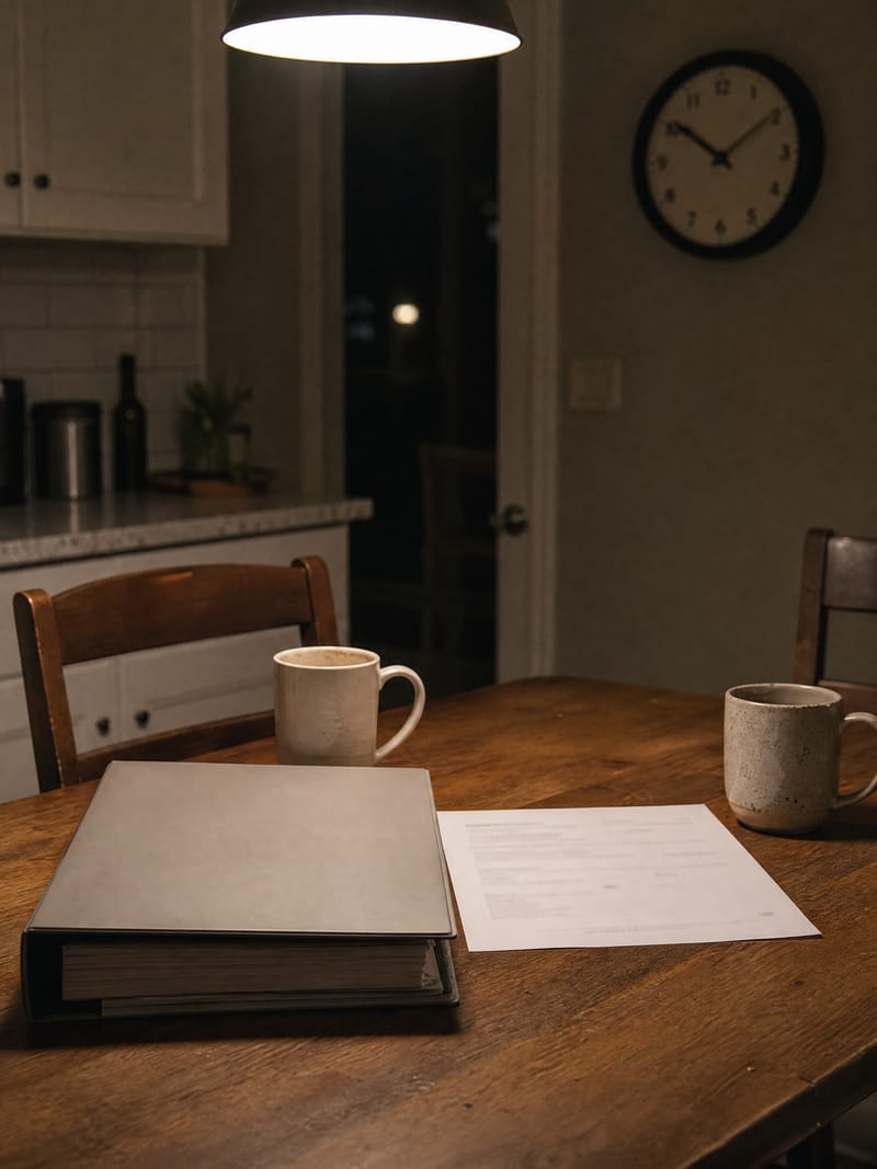 A kitchen table at night after a sales appointment: a thick closed presentation binder, a printed quote, two coffee mugs under a warm pendant light, a wall clock in the background.