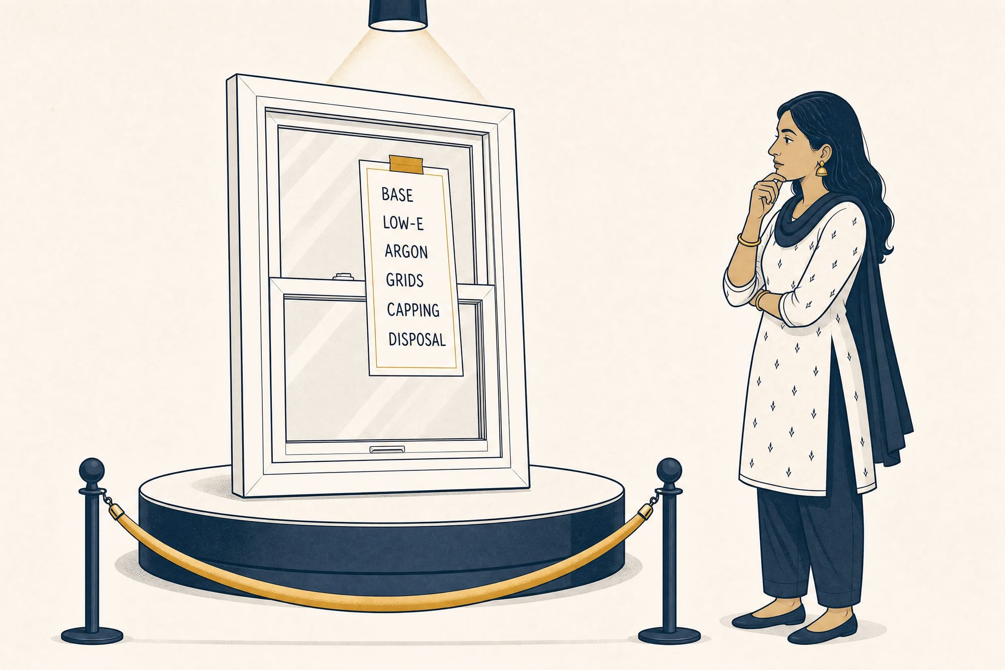 Cartoon: a plain white vinyl window sits on a museum pedestal behind a velvet rope under a spotlight, a placard on it listing base, low-e, argon, grids, capping, and disposal, as a homeowner studies it thoughtfully.