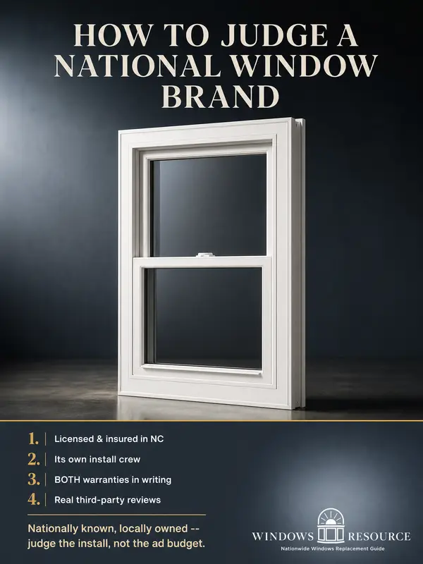 How to Judge a National Window Brand — licensed and insured in NC, its own install crew, both warranties in writing, real third-party reviews