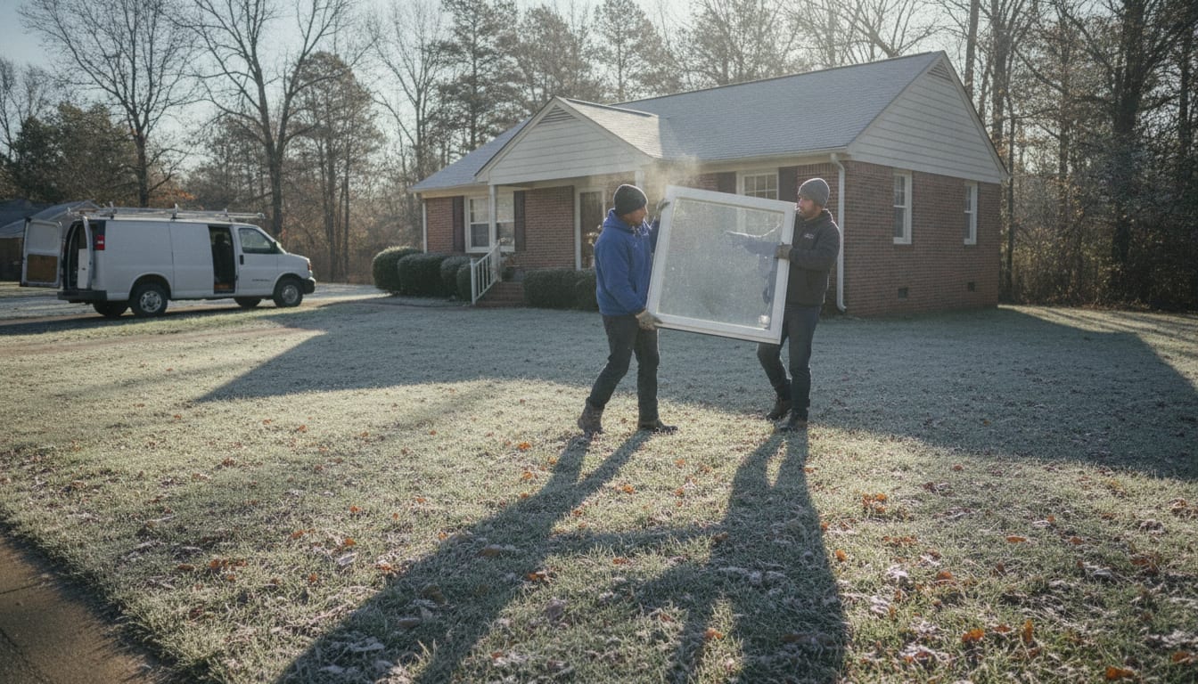 Two installers carry a new white replacement window across a frost-covered lawn toward a brick ranch house on a cold, bright winter morning, their van parked at the curb and long shadows stretching over the grass.