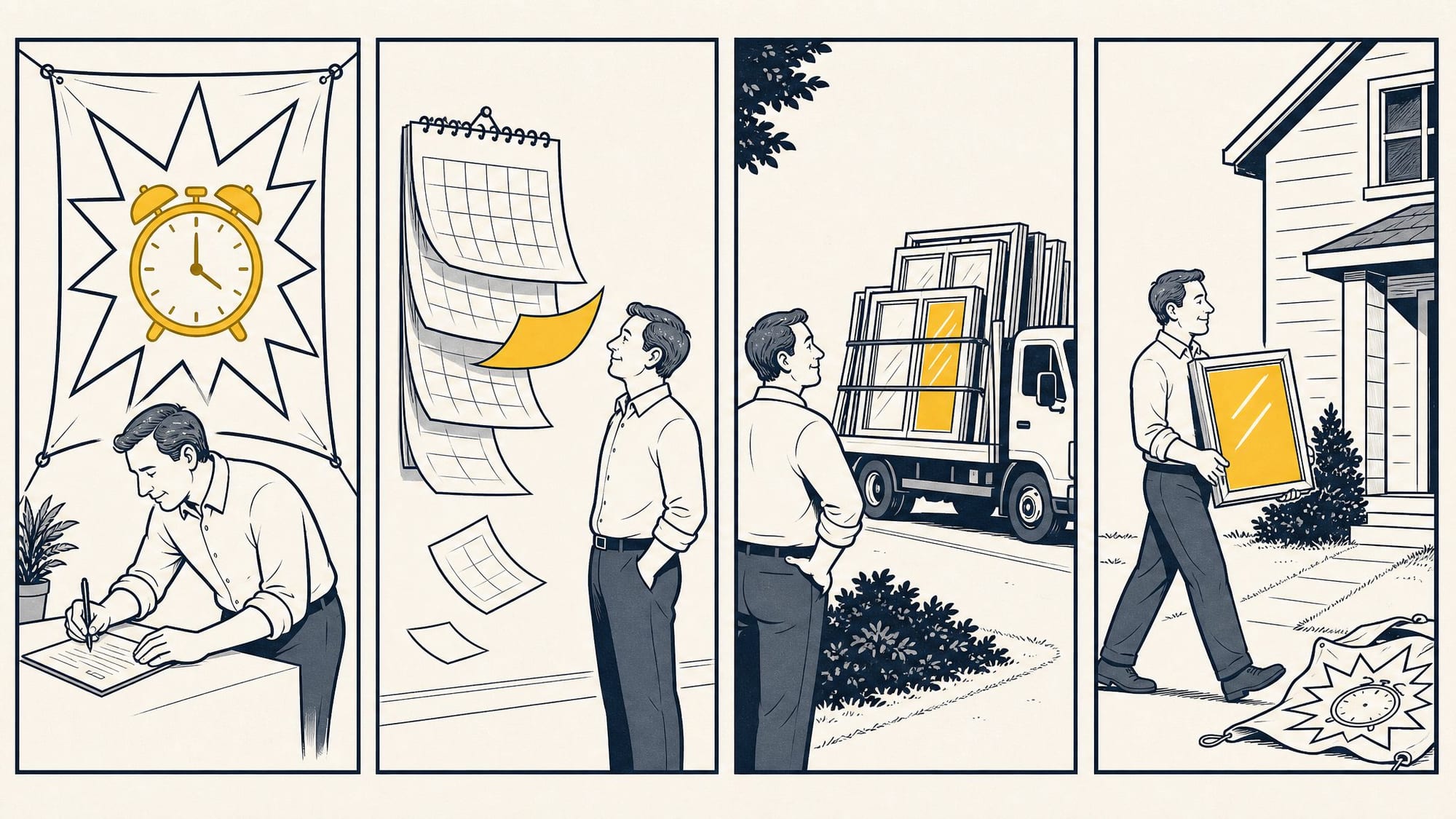 Four-panel cartoon: a giant SALE ENDS SUNDAY banner looms over a homeowner rushing to sign; a calendar flips through many weeks; a delivery truck finally arrives; the homeowner shrugs at the long-gone banner.
