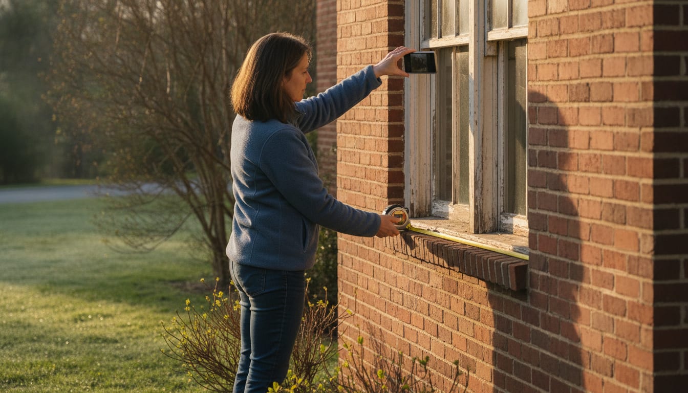 A homeowner stands outside her brick house in low morning sun, photographing one of her old wooden windows with her phone while hooking a tape measure on the sill — documenting her own windows before asking anyone for a quote.