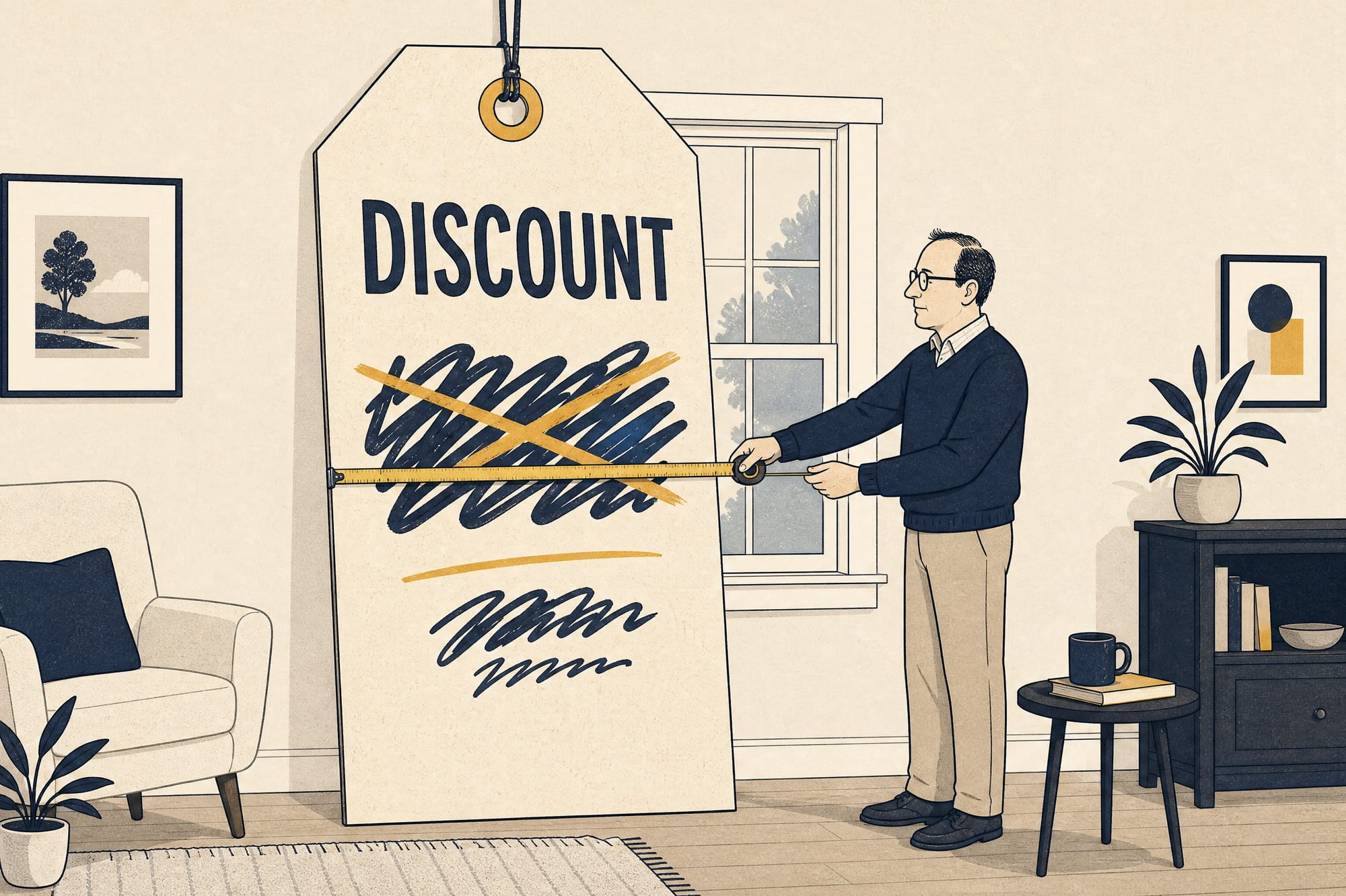 Cartoon: a homeowner holds a tape measure across a giant hanging 'DISCOUNT' price tag, measuring the scribbled-out claim on it.