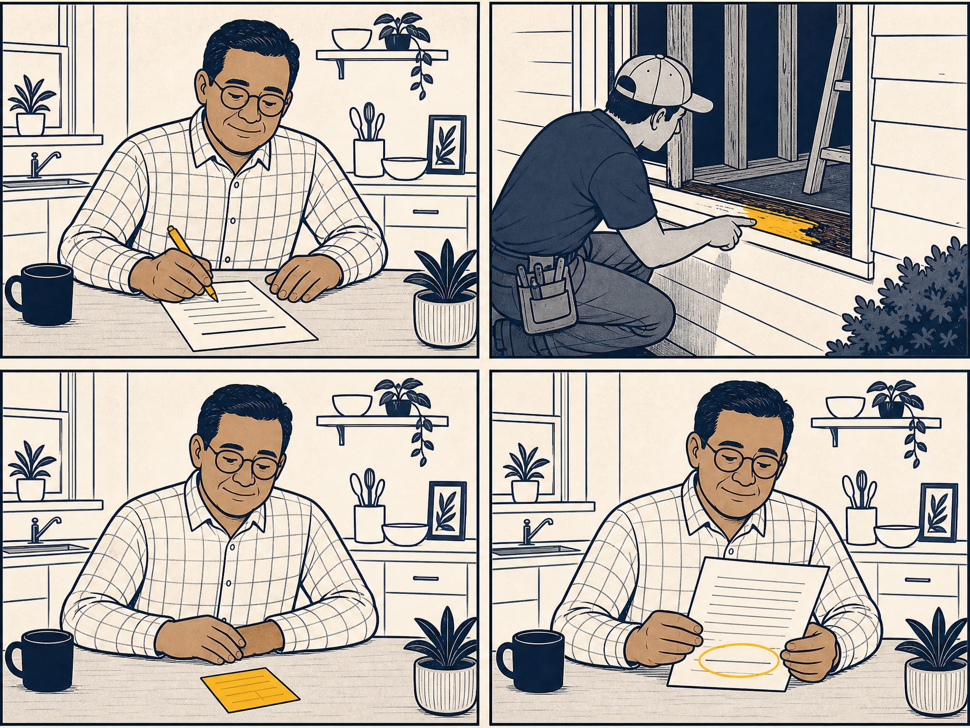 Four-panel House Comic: a homeowner calmly signs a window quote with one line left blank; mid-job an installer crouches by the opening and points at a rotted sill; a change-order slip lands on his kitchen table; the homeowner looks down at the quote where that one blank line is now circled in gold.