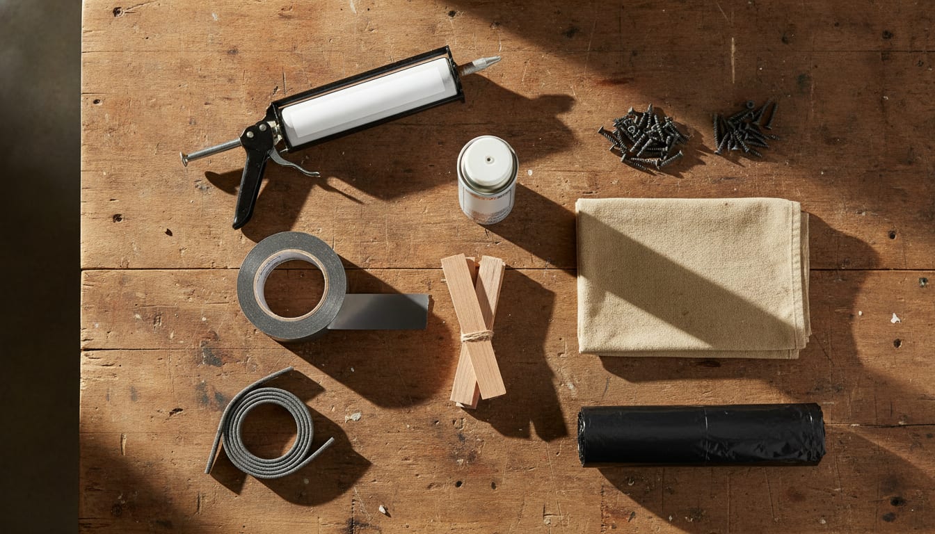 An overhead flat-lay on a worn workbench of the materials a window line item actually pays for: flashing tape, cedar shims, low-expansion foam, a caulk gun, backer rod, screws, a drop cloth and a debris bag for the old window.