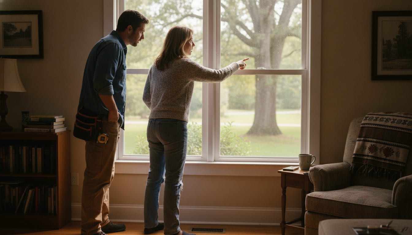 A homeowner and a contractor stand together at a living-room window, both facing the glass rather than each other, as she points at the frame edge mid-question and he follows where she is pointing.