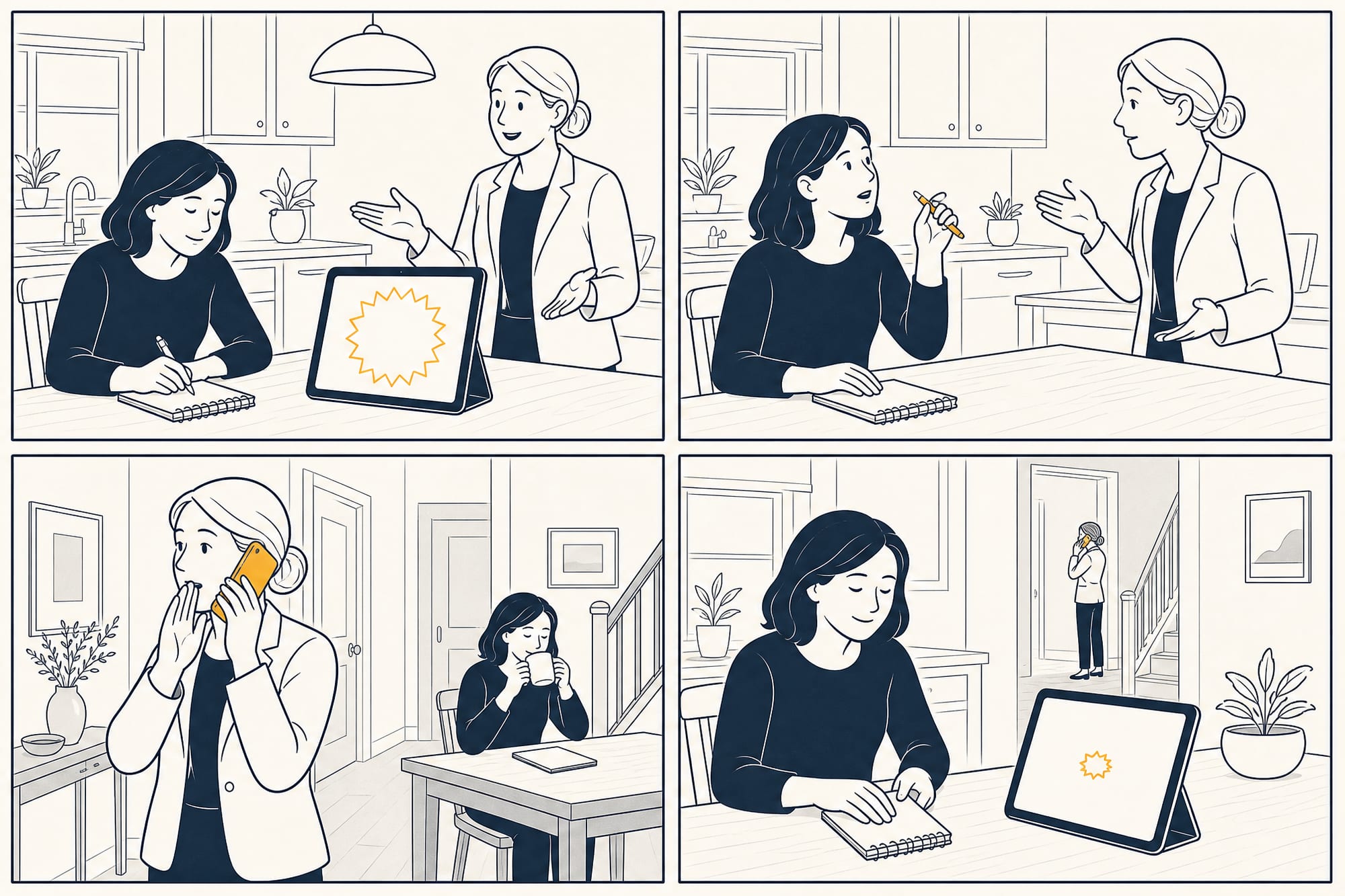 Four-panel cartoon: a rep gestures at a glowing today-only price on a tablet while a homeowner at her kitchen table calmly writes on a notepad; she looks up and asks one question; in the last panel the price has quietly changed and the rep is on the phone to a manager.