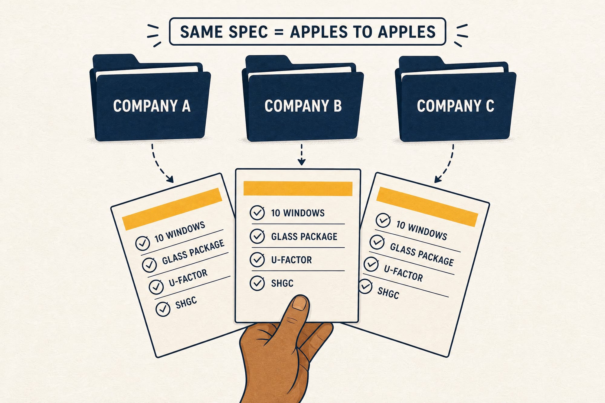 Instructional illustration: three generic company folders labeled A, B, and C each feed an identical spec sheet listing 10 windows, glass package, U-factor, and SHGC, under a banner reading 'same spec = apples to apples'.