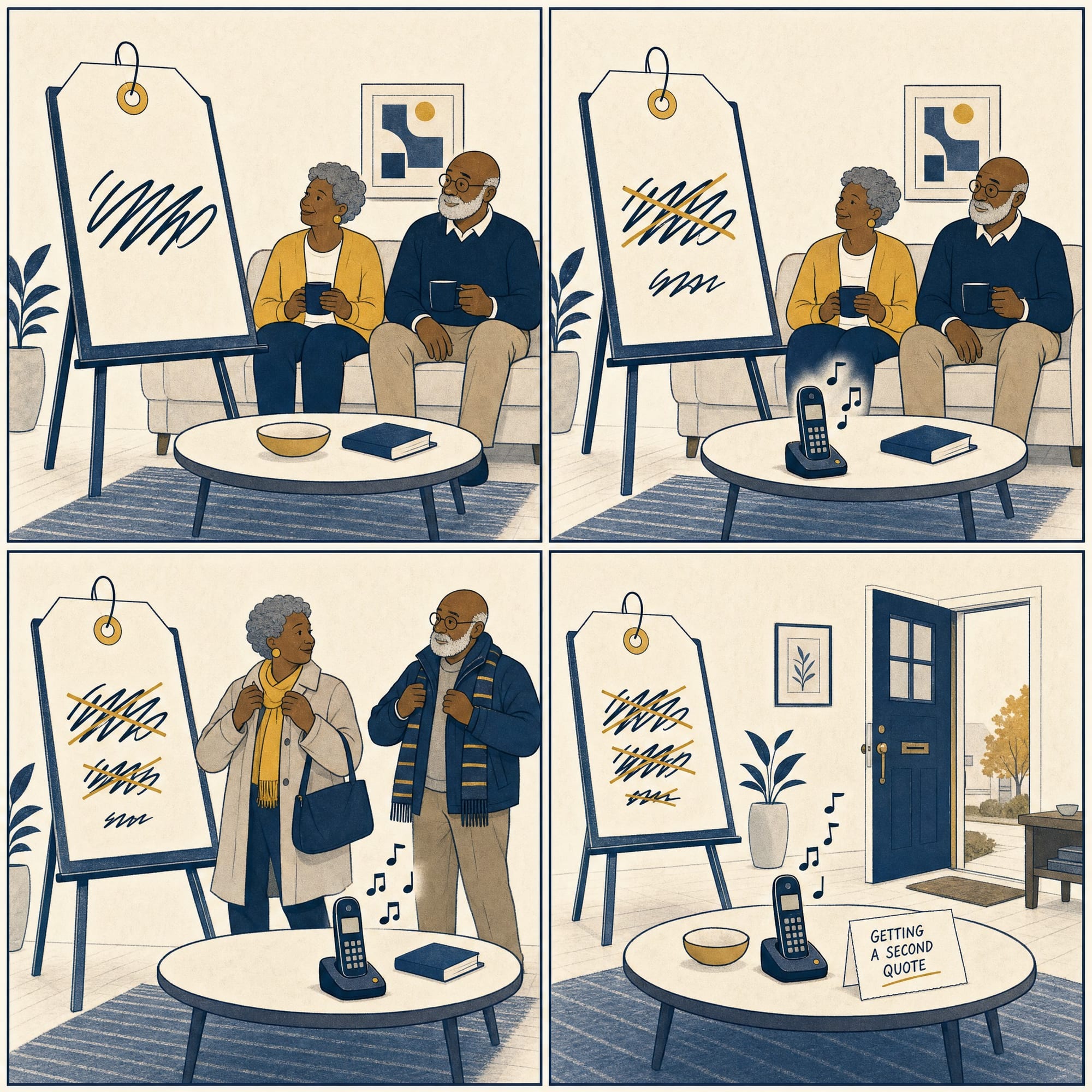 Four-panel cartoon: an older couple sits with coffee as a giant price tag's discount is crossed out again and again and a phone rings; in the last panel they've left for a second quote, a card on the table reading 'getting a second quote'.