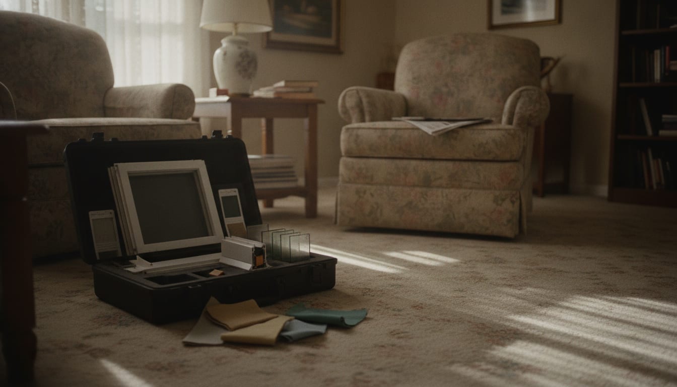 A window salesman's demonstration case sits open on a living room carpet in long late-afternoon shadows, sample swatches spilled beside it and an armchair pushed back at an angle — the room after a high-pressure pitch.