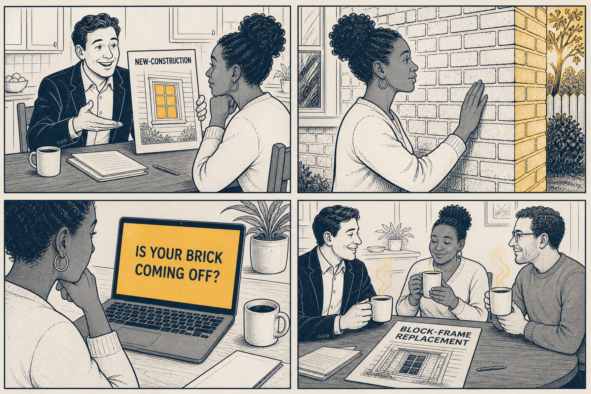 Four-panel House Comic: a rep at a kitchen table gestures grandly at a brochure window labeled 'new-construction'; the homeowner looks out at her solid brick wall; a forum reply on her laptop reads 'is your brick coming off?'; the final panel shows the revised quote on the table now reading 'block-frame replacement' while everyone drinks coffee peaceably.