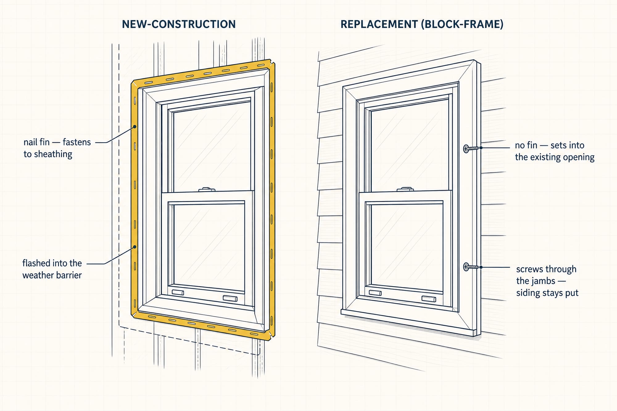 Labeled diagram of two window units side by side: a new-construction window with its nail fin highlighted, labeled 'fastens to sheathing, flashed into the weather barrier,' and a block-frame replacement window labeled 'no fin — sets into the existing opening, screws through the jambs, siding stays put.'
