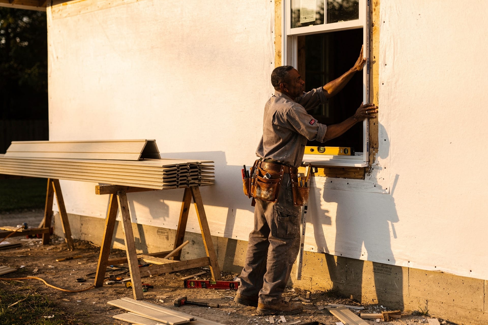 An installer sets a new nail-fin window into a bare, wrapped opening on a house mid siding job, the fin flat against the weather barrier in warm afternoon light.