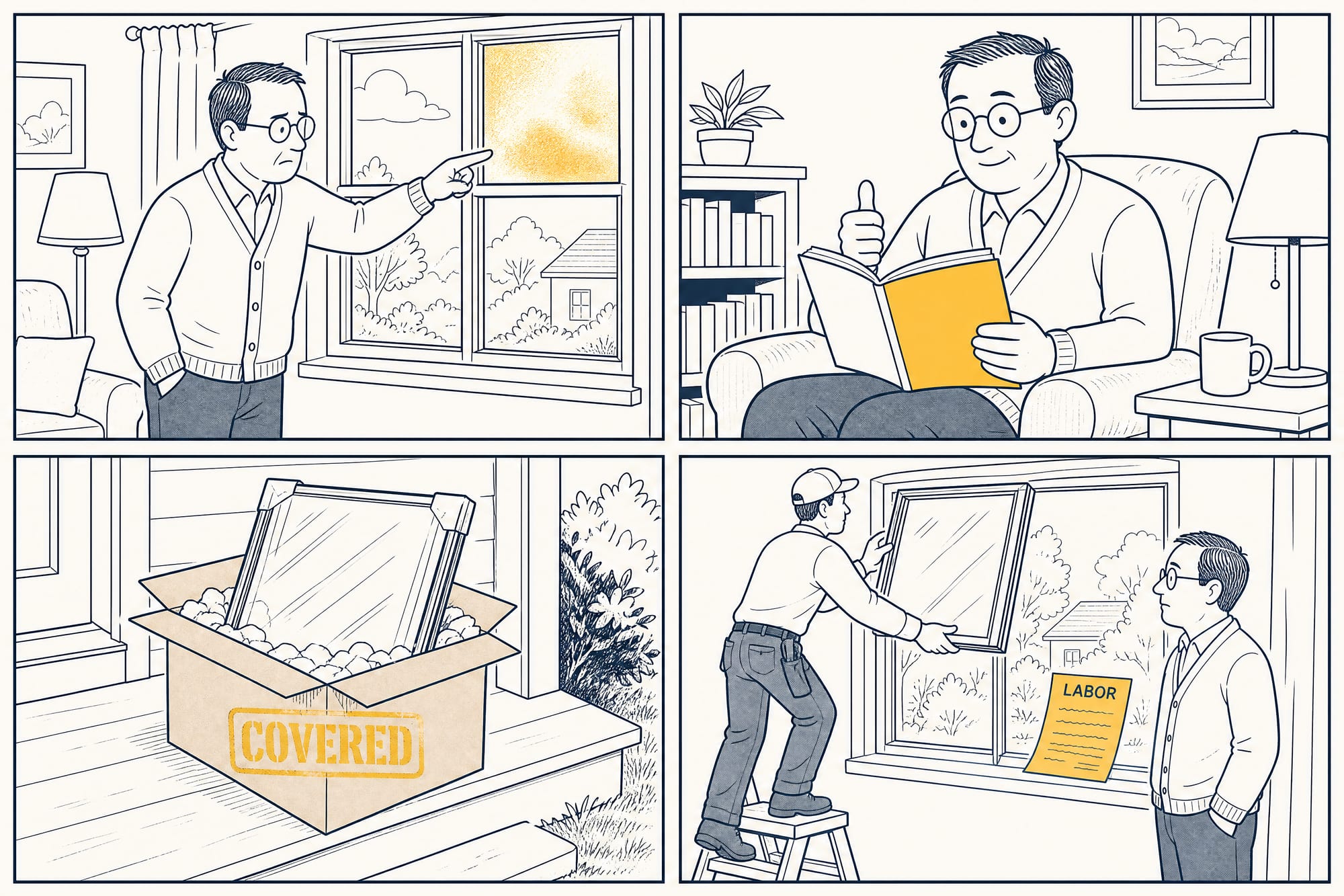 Four-panel cartoon: a homeowner points at a foggy window pane; then reads a warranty booklet with a relieved thumbs-up; a new sealed-glass unit arrives in a box marked 'covered'; in the last panel an installer fits it while a small invoice labeled 'labor' sits on the sill.