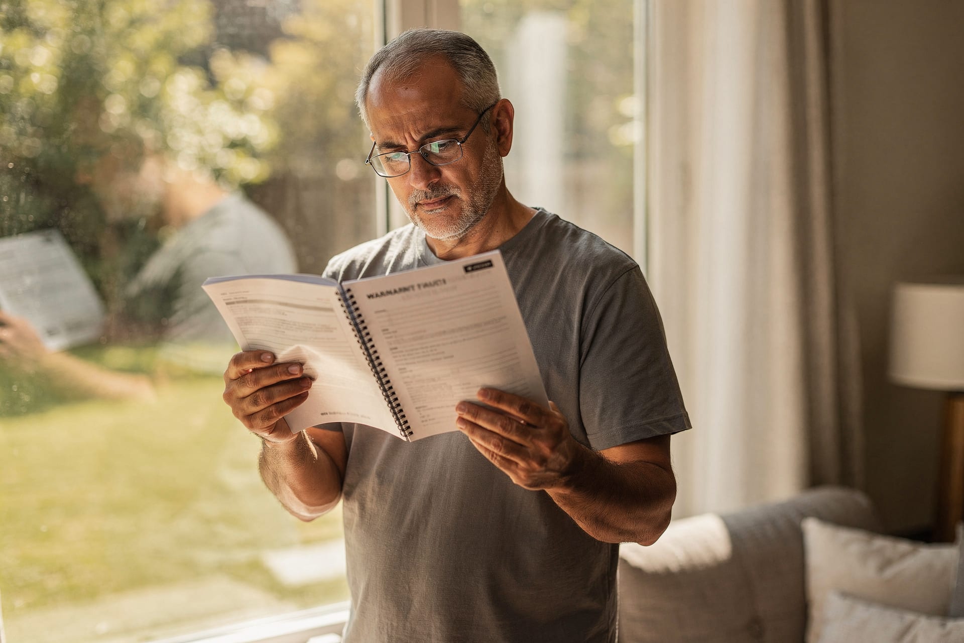 A homeowner stands beside a bright window reading a thick window-warranty booklet held up in the daylight, glasses on, taking in the fine print before signing.