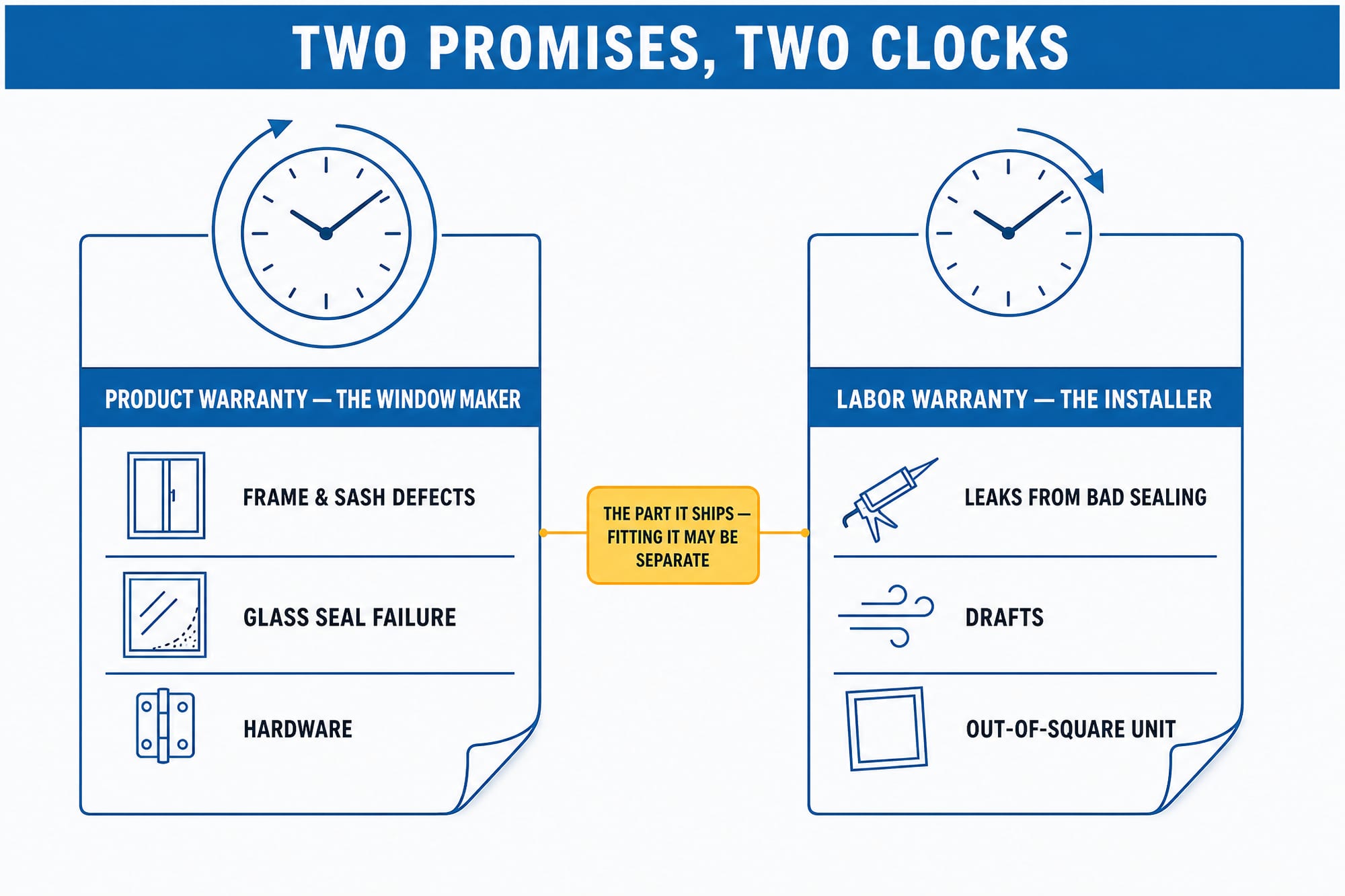 Diagram titled 'two promises, two clocks': a product warranty from the window maker (covering frame and sash defects, glass seal failure, and hardware) beside a labor warranty from the installer (covering leaks from bad sealing, drafts, and an out-of-square unit), with a note that the product warranty may ship the part but not the labor to fit it.