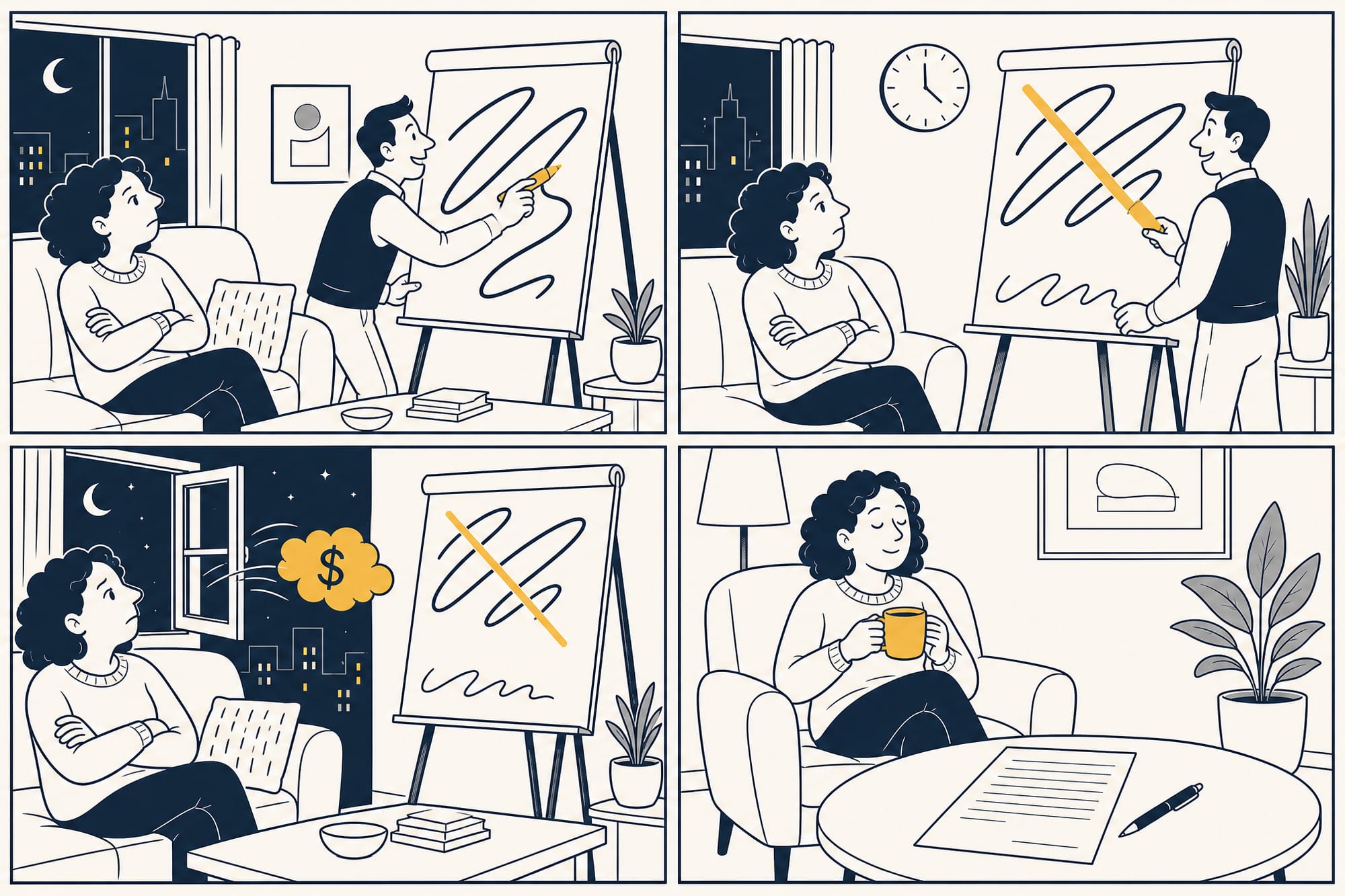 Four-panel cartoon: a rep writes a huge price on a pad, then crosses it out for a smaller sign-tonight number as an evening clock ticks; the homeowner watches the difference float away as a little cloud labeled with a dollar sign; in the last panel she's calm, sipping coffee, unsigned contract on the table.