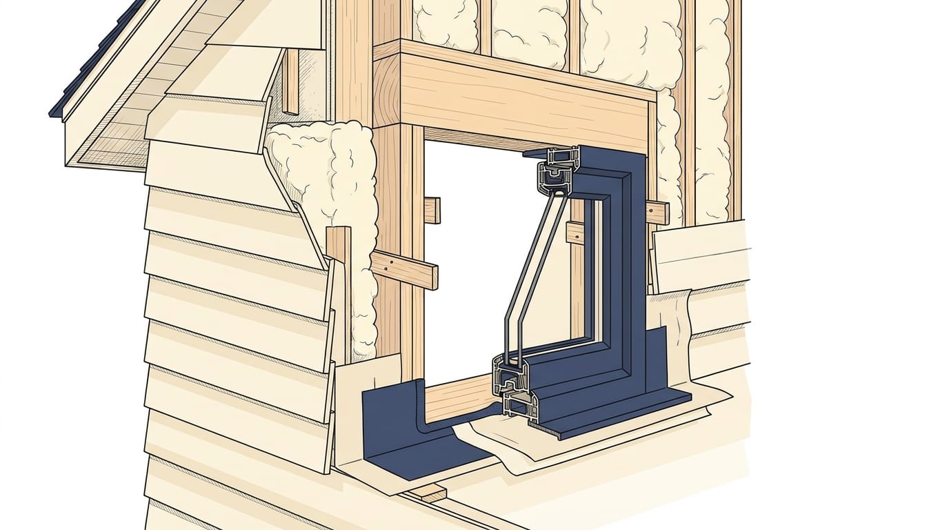 An architectural cutaway of a window opening through a house wall, revealing the framing, header, insulation, flashing and sill pan, shims and the multi-chamber frame — the work behind the price that a finished window hides.