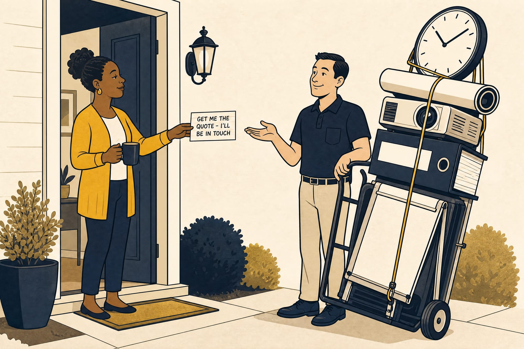 Cartoon: a homeowner at her front door hands a small card reading 'get me the quote — I'll be in touch' to a friendly salesman whose hand-truck is loaded with a giant clock, rolls of paper, a projector, and a binder.