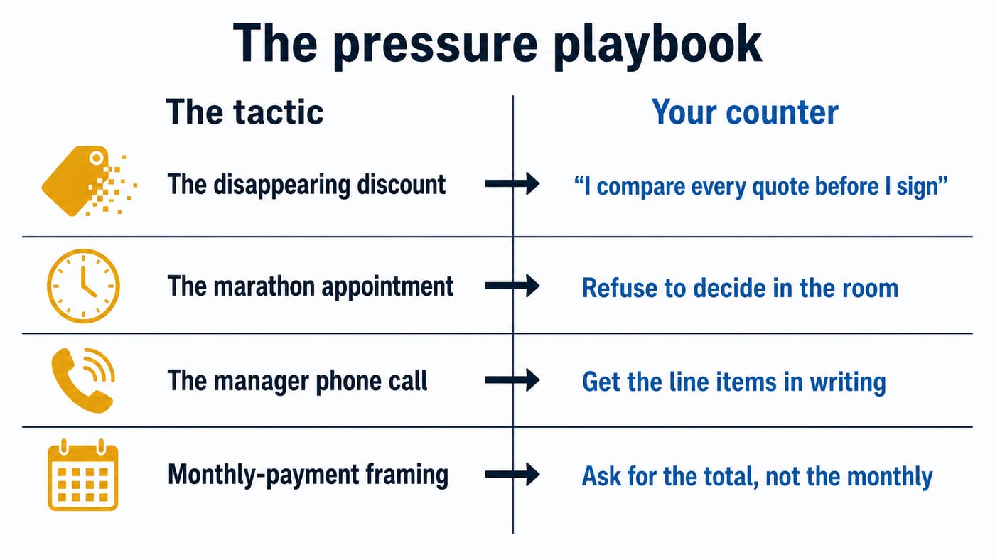 Cheat sheet pairing four sales tactics with their counter-moves: the disappearing discount — 'I compare every quote before I sign'; the marathon appointment — refuse to decide in the room; the manager phone call — get the line items in writing; monthly-payment framing — ask for the total, not the monthly.