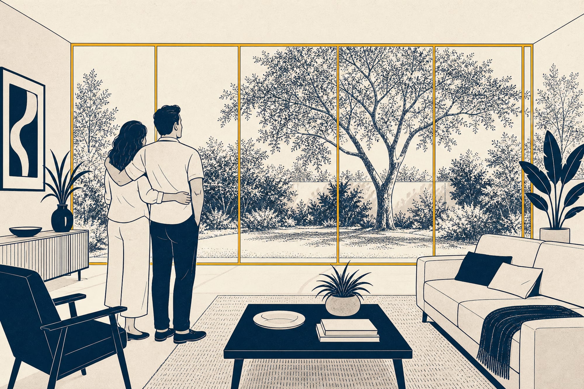 A House Comic cartoon: a couple standing in their living room admiring a big, slim-framed wall of glass looking onto the backyard, the frame lines thin and clean, both of them clearly pleased with the modern look.