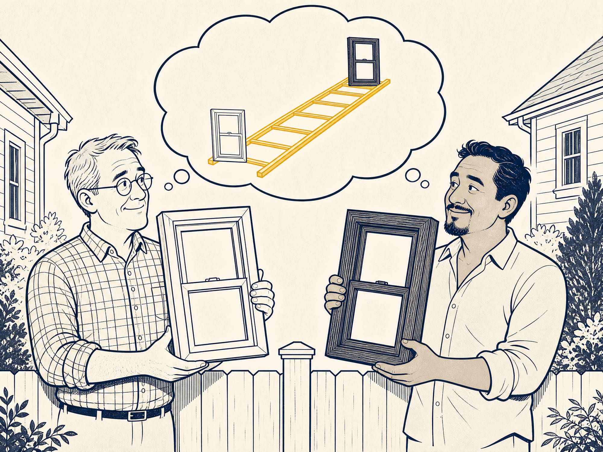 Cartoon: two neighbors argue across a low backyard fence — one, a white man in plaid and glasses, holds a plain budget vinyl window championing 'value'; the other, a Latino man, cradles a handsome wood window championing 'quality.' Above them a single shared thought bubble shows both windows resting at opposite ends of one ladder — the shared blind spot they both missed.