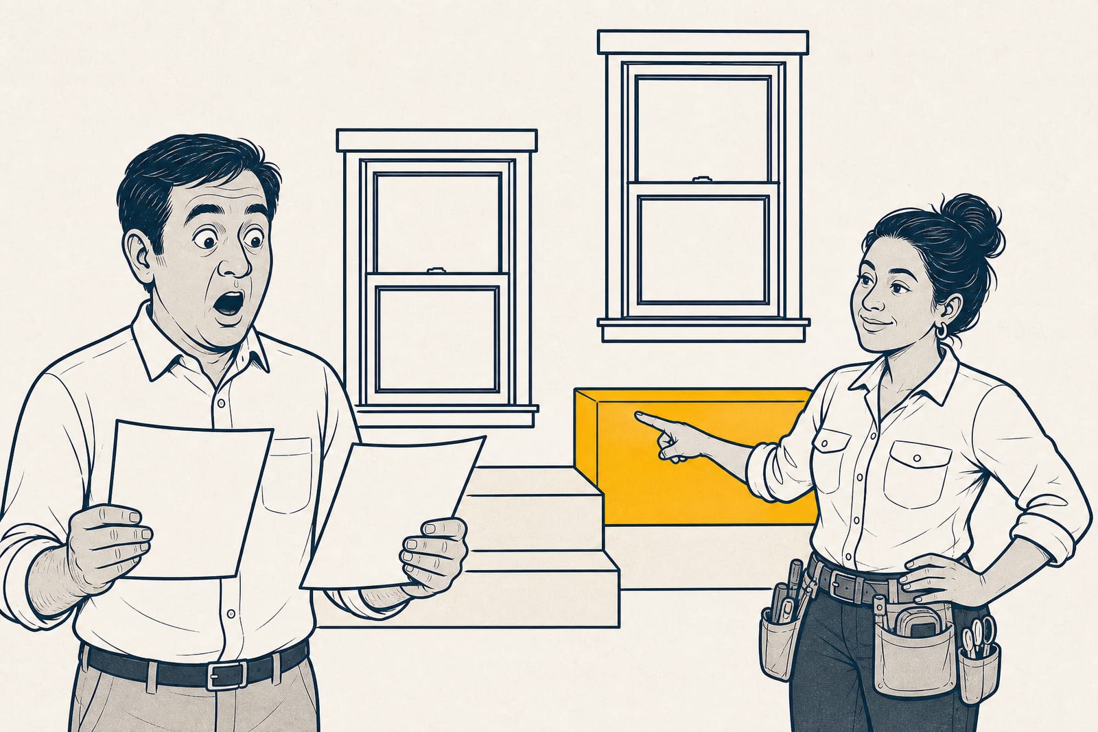 Cartoon: a homeowner holds two quotes, jaw dropped at the one he was sure would be cheaper; behind him, two windows stand on a stepped ladder — one a full step higher than the other — while a bystander points at the step gap.