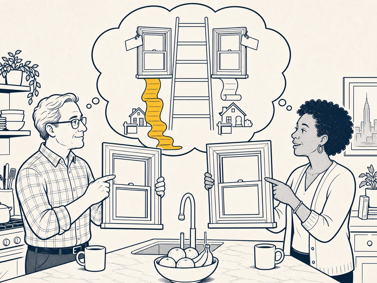 Cartoon: two homeowners stand at a kitchen counter defending rival premium brands, each holding a handsome unbranded window; a thought bubble overhead shows the same two windows sitting on identical rungs of one ladder, each wearing a blank name tag, while a small warranty scroll on one keeps rolling past a little 'SOLD' house sign and the other stops at it.