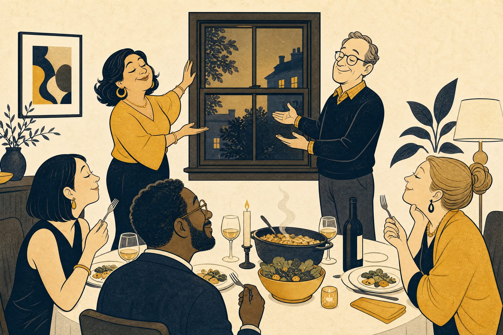 Cartoon: at a candlelit dinner party, the beaming hosts gesture proudly toward their window while their guests admire it mid-meal.
